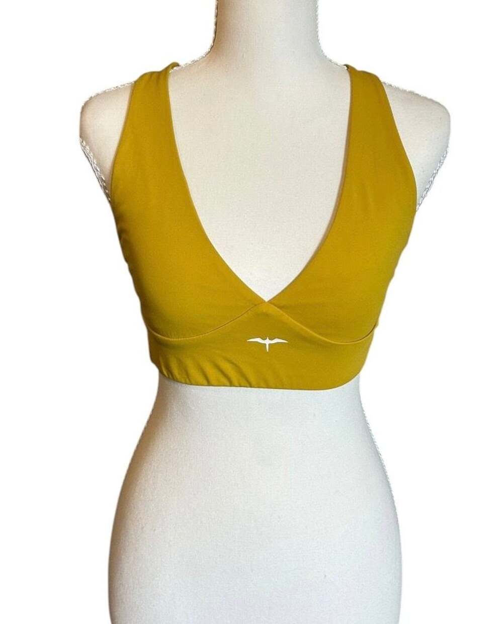 Yellow Halter Sports Bra with Criss-Cross Back and Logo